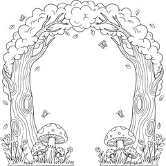 Obraz premium Fairy Tale Forest Frame With Old Trees Mushrooms And Butterflies Black And White Line Art For Coloring Page 