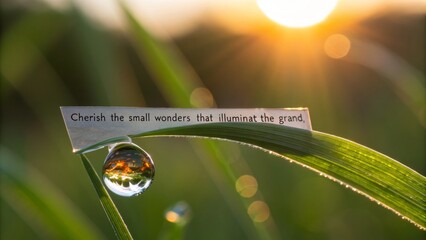 Clear water droplet reflecting sunrise over green grass