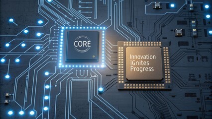 Close-up of a digital circuit board with processors and core