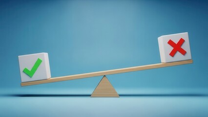 A wooden seesaw balancing a white cube with a green checkmark and another white cube with a red cross mark, on a light blue background.