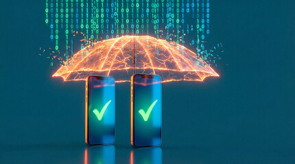 Data Protection Sanctuary: A vivid depiction of digital safety, with a protective energy shield safeguarding smartphones from a cascading binary stream, symbolizing robust data security.