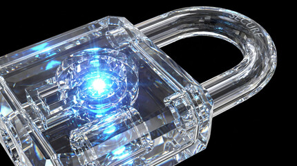 Digital Security: A close-up view of a high-tech padlock, the intricate inner workings illuminated with a bright blue light, symbolizing the core of digital security, protection and encryption.