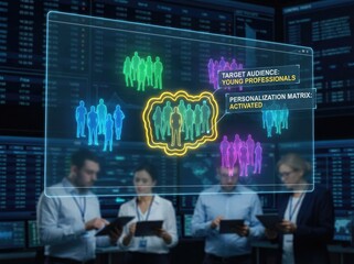 Business team analyzing user clusters and target audience on digital screens people