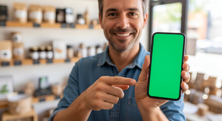 Man Holding Phone with Green Screen in Shop Background
