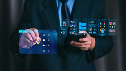Business man touching virtual interface for mobile application development and data analytics. Concept of smart future technology, software coding and global digital marketing strategy