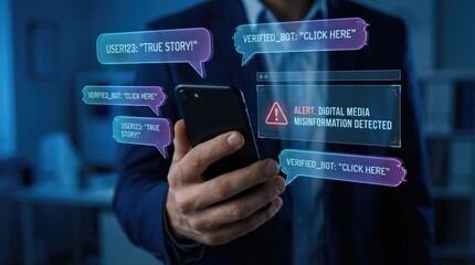 Businessman using smartphone with digital alerts for misinformation and bot activity suit mobile phone