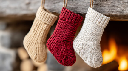Cozy christmas stockings hanging from rustic fireplace mantel for festive holiday decor