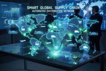 Businessmen observing a holographic global supply chain and automated distribution network map image