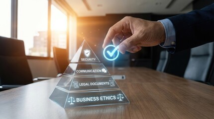 Businessman's hand adding a glowing checkmark to a transparent pyramid of business ethics, legal documents, and security