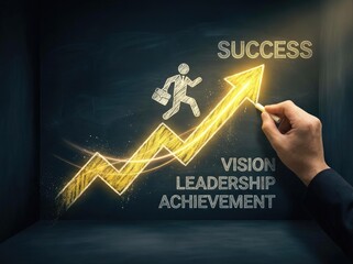 Businessman's hand drawing a glowing upward arrow and success concepts on a dark textured surface growth