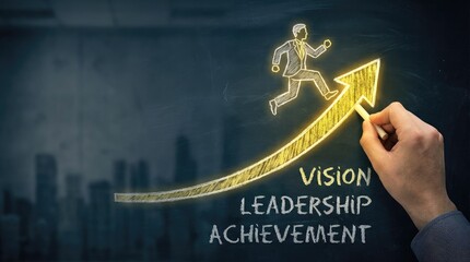 Chalk drawing of businessman running up arrow with words Vision Leadership Achievement on blackboard