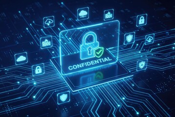 Digital padlock icon with shield and checkmark on a glowing circuit board background representing security