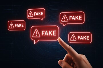 Finger pointing at glowing red fake message icons in speech bubbles alert warning