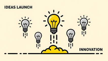 Conceptual vector illustration of light bulbs launching like rockets into the sky representing creative ideas launch innovation business growth startup success and technology