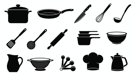 Kitchen Utensils Silhouette Icon Set Black Cooking Tools Vector Illustration