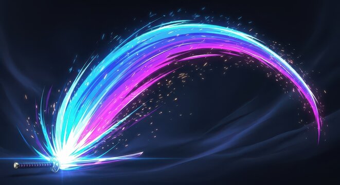 Glowing energy effect traces an arc following a slashing weapon motion against a dark background