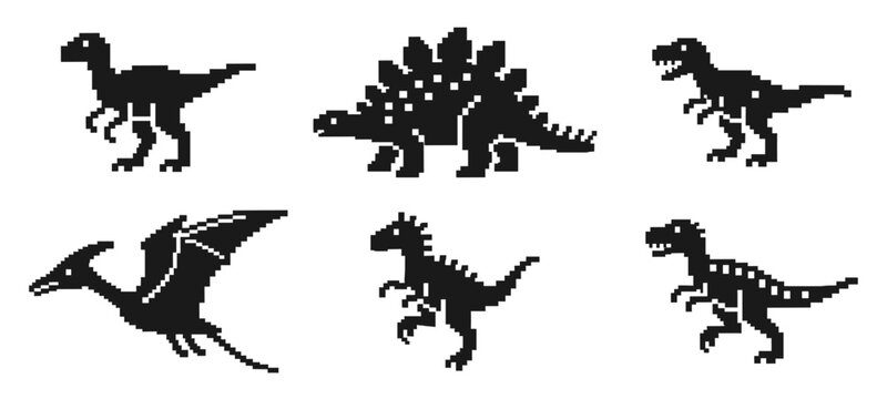 Pixel Dinosaur Silhouette Set &ndash; Retro 8-Bit Prehistoric Creatures Vector Icons