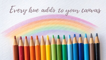 Colorful pencils aligned below a painted rainbow arc