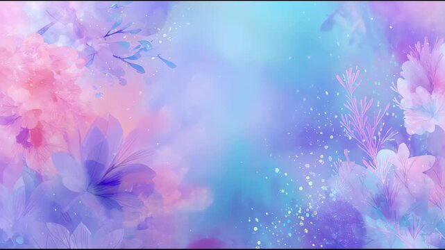 Abstract Pastel Pink and Blue Floral Background with Copy Space. Seamless Loop Animation of Dreamy Blooming Flowers