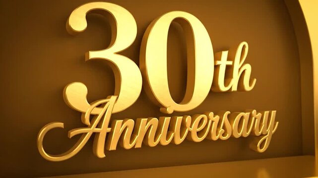 Golden 3D text "30th Anniversary" on a reflective metallic background with warm light
