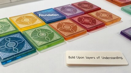Colorful transparent game cards with geometric design on a white surface