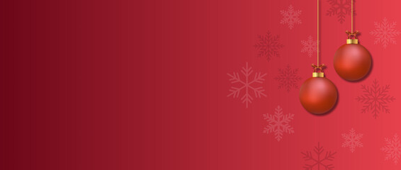 : Red Gradient Christmas Background with Hanging Baubles and Snowflakes Copy Space