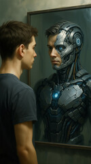 A young man examines a detailed painting of a robot, which features striking metallic textures and glowing blue lights. The scene is set in a cozy room, creating an intriguing atmosphere