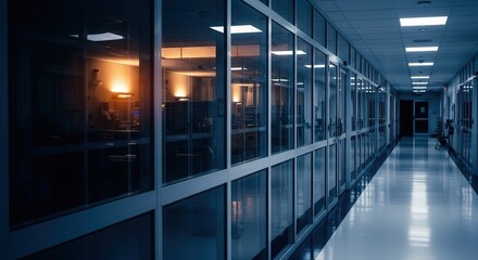 Obraz premium Long interior corridor features reflective floor and glass partition walls illuminated by overhead lighting