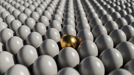 Unique Golden Sphere Standing Out from Crowd of White Balls, Concept for Leadership Individuality Premium Quality and Talent Recruitment Success