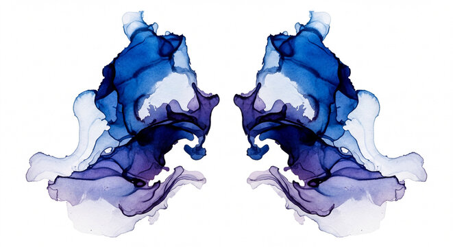 Symmetrical Blue and Purple Ink Blot Art
A symmetrical Rorschach-style ink splash using fluid shades of blue and purple watercolor on a clean, isolated white background.