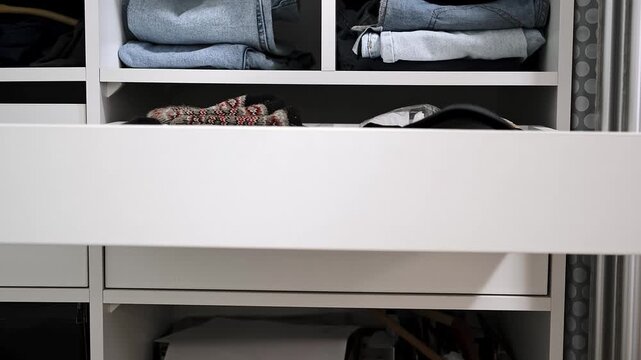 Hand opening drawer in wardrobe closet. Close-up indoor shot in household setting. Home storage and organization concept. High quality 4k footage.