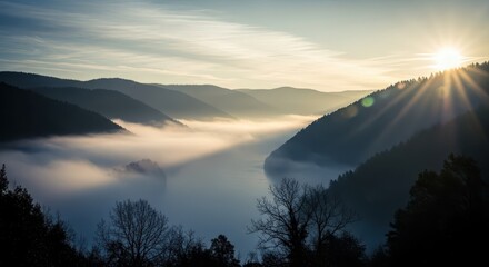 Morning sun bursts over forested mountain slopes partially submerged in valley fog