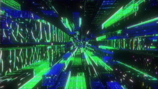 4K Matrix Tunnel Glitch Animation with Coding Text Data Blocks Signal Distortion Pixel Noise and Digital Hacking Visuals as Reusable Interface Overlay Layer for UI HUD Systems Motion Graphics Pipeline