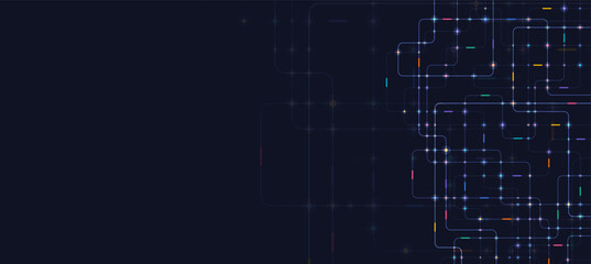 Obraz premium Futuristic circuit network background with glowing blue connection lines and nodes on dark space