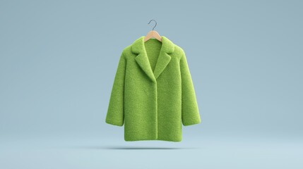 A vibrant and stylish lime green fuzzy coat displayed on a wooden hanger against a clean soft blue background, perfect for retail, boutique, or e-commerce fashion themes.