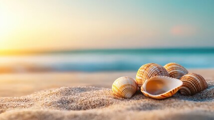 Beautiful Seashells on Sandy Beach with Gentle Ocean Waves at Sunset
