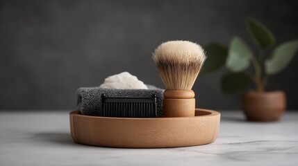 Close up of a vintage style wooden shaving brush and soap on a grey towel inside a wooden tray against a blurred dark background with a plant.