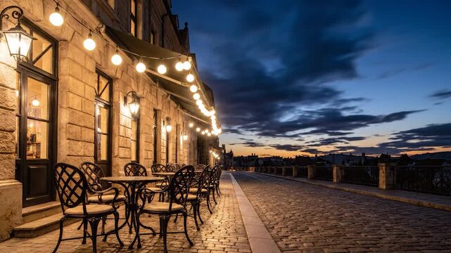 Outdoor cafe tables on a cobblestone street, lit by string lights under a vibrant sunset