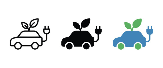 Electric Vehicle Icons in Eco-Friendly Style with Simple Design and Green Leaves for Sustainable Transport