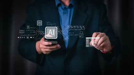 Businessman touching virtual screen with stylus pen for AI technology and data analysis. Concept of digital transformation, machine learning, and future business strategy innovation.