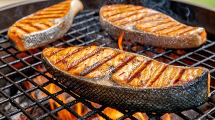 Grilled Salmon Steaks on Barbecue Grill Over Hot Flames