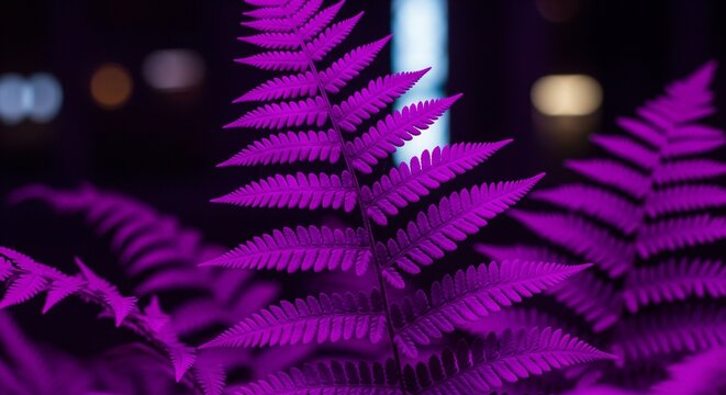 Purple fern foliage with dark bokeh background.
A close-up of vibrant purple fern fronds against a dark, moody background with soft light circles - Powered by Adobe