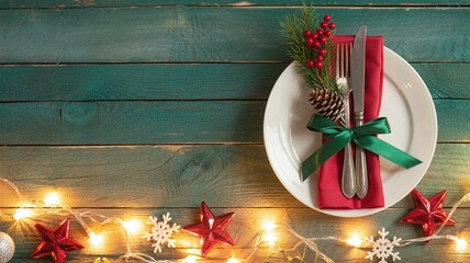 Christmas, Table, Setting, Festive, Holiday, Dining, Decoration, Red, Napkin, Pine, Cone, Green, Wooden, Background, Winter, Celebration, Dinner, Party, Ornament, Season, Star, Light, Elegant, Traditi