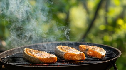 Grilling Fresh Salmon on Barbecue in Scenic Outdoor Environment