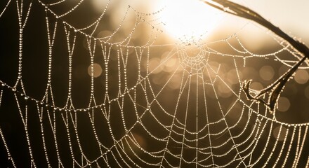 Intricate spider web covered in dew at sunrise.
A macro photograph of a spider web covered in tiny water droplets, backlit by the warm, golden light of the rising sun