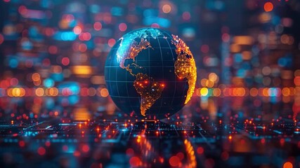 Global Connections: An illuminated world globe surrounded by a network of data points, symbolizing the interconnectedness of global technology and the flow of information. - Powered by Adobe