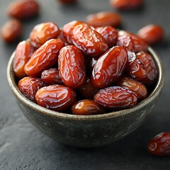 Close up of dried dates in a textured bowl with scattered fruit dried fruit food