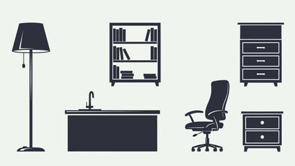Minimalist office workspace with desk, chair, shelves and cabinets in a clean modern setting.