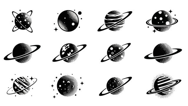 Collection of cartoon planets with rings in space illustration.