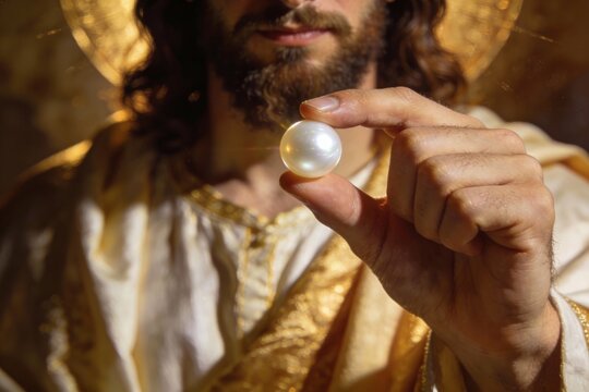 The Parable of the Pearl of Great Price. Closeup of Jesus Christ gazing at the glowing gem, Matthew 13. 